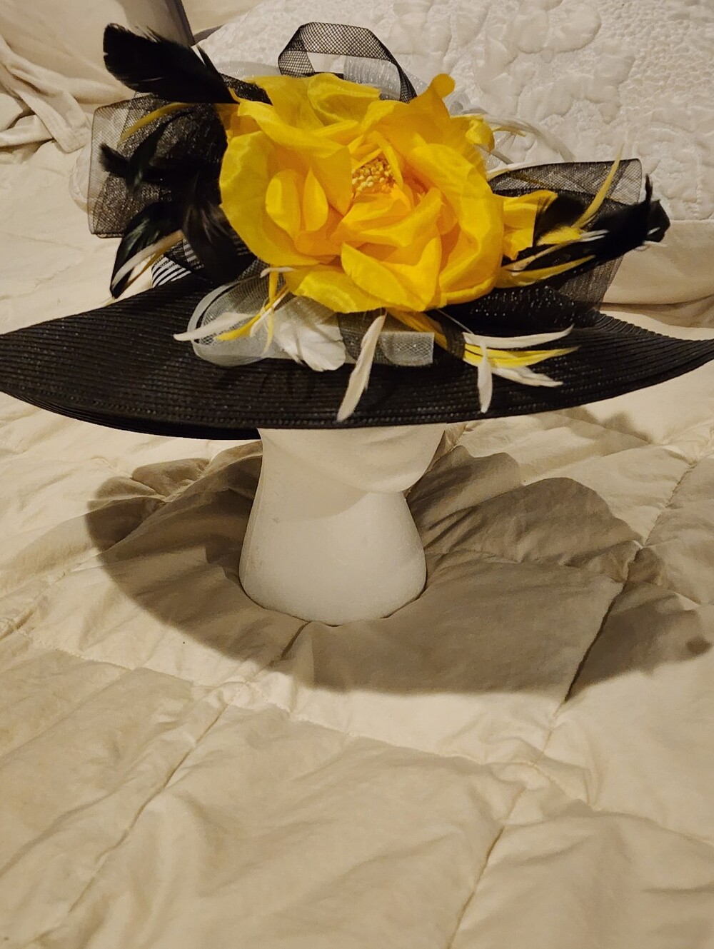 Kate Landry Black Wide-Brim Hat with Large Yellow Flower